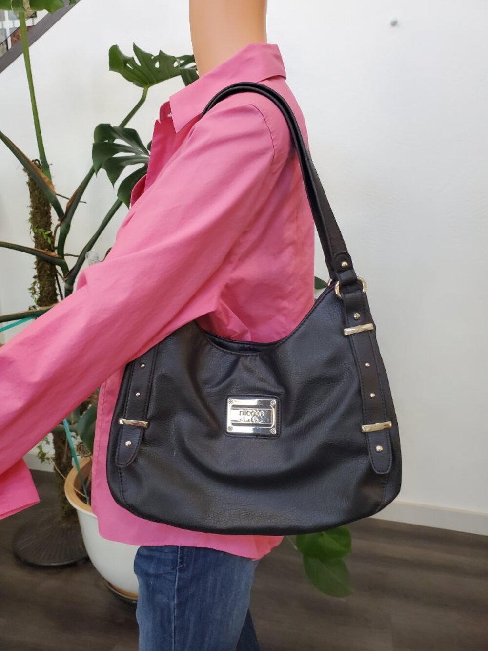 Nicole by Nicole Miller Shoulder Bag Black with Hot Pink Interior 2 Handles